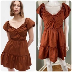 GAP Corset Poplin Tiered Mini Rust-Brown Copper Smocked Mini Dress Small S